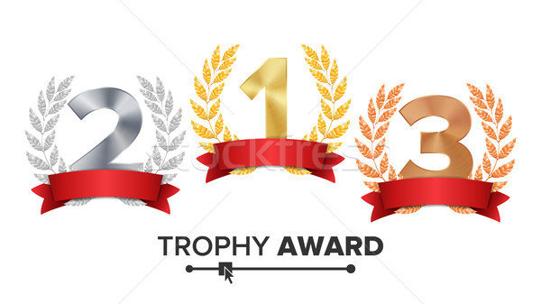 Trophy Award Set Vector. Figures 1, 2, 3 One, Two, Three In A Realistic Gold Silver Bronze Laurel Wr Stock photo © pikepicture