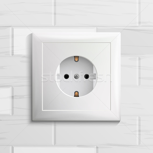 Electric Socket Vector. Plastic Standard Panel. Brick Wall. Realistic Illustration Stock photo © pikepicture