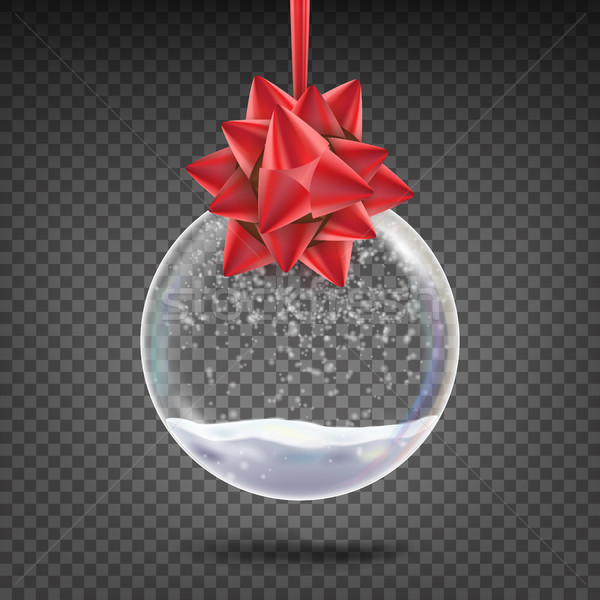 Realistic Christmas Ball Vector. Shiny Glass Xmas Holidays Tree Toy With Snowflake And Red Bow. Isol Stock photo © pikepicture