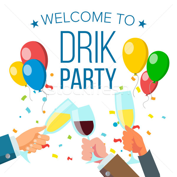 Drink Party Banner Vector. Raised Hands Holding Champagne And Beer Glasses. Toasting. Clinking Glass Stock photo © pikepicture