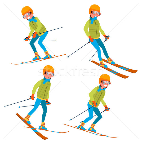 Skiing Male Vector. With Goggles And Ski Suit. Skiing In Winter. Isolated Flat Cartoon Character Ill Stock photo © pikepicture