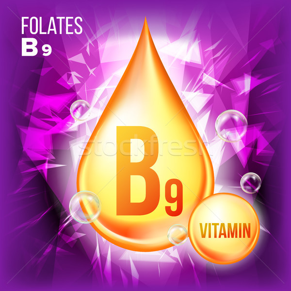 Vitamin B9 Folates Vector. Vitamin Gold Oil Drop Icon. Medicine Liquid, Golden Substance. For Beauty Stock photo © pikepicture