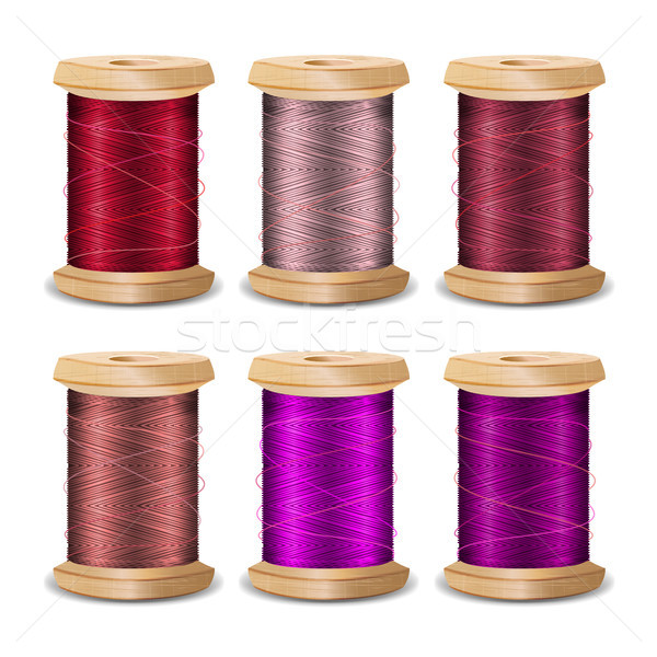 Thread Spool Set. Bright Old Wooden   Bobbin. Isolated On White Background For Needlework And Needle Stock photo © pikepicture
