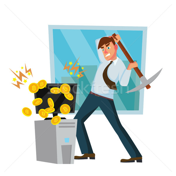 Miner Worker Man Vector. Cryptocurrency Mining Farm. Seeking Financial Success. Isolated Flat Cartoo Stock photo © pikepicture