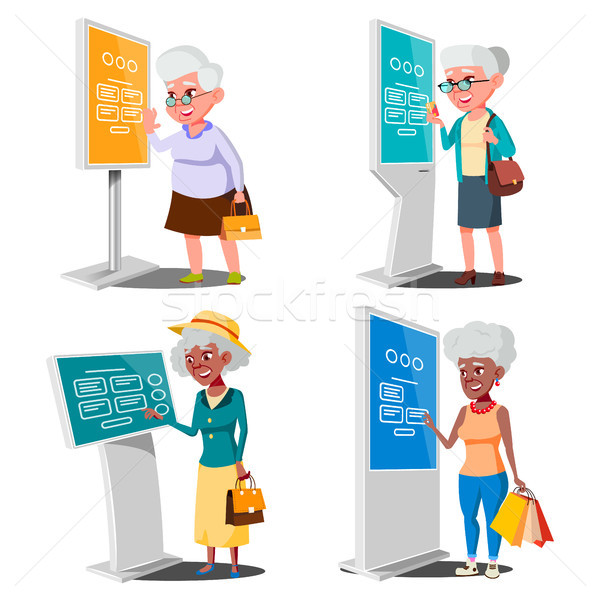 Old Woman Using ATM, Digital Terminal Vector. Set. LCD Digital Signage For Indoor Using. Interactive Stock photo © pikepicture