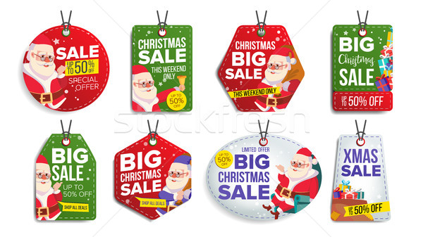Christmas Sale Tags Vector. Flat Christmas Special Offer Stickers. Santa Claus. 50 Off Text. Hanging Stock photo © pikepicture