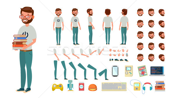 Stock photo: Geek Man Vector. Animated Character Creation Set. Computer Nerd Male. Full Length, Front, Side, Back