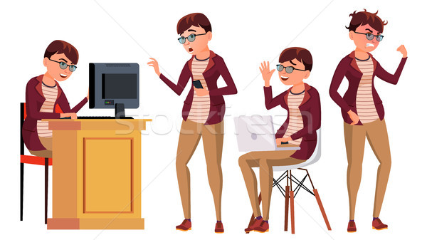 Office Worker Vector. Woman. Successful Officer, Clerk, Servant. Adult Business Woman. Face Emotions Stock photo © pikepicture