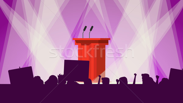 Political Meeting Audience Vector. Empty Tribune. People Crowd With Support Banners. Flat Cartoon Il Stock photo © pikepicture