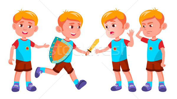 Boy Kindergarten Kid Poses Set Vector. Character Playing. Childish. Casual Clothe. For Presentation, Stock photo © pikepicture