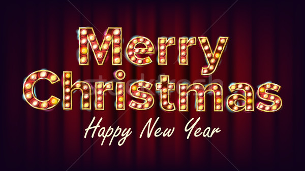 Merry Christmas Sign And Happy New Year Vector. Vintage Golden Illuminated Neon Light. Realistic Ret Stock photo © pikepicture