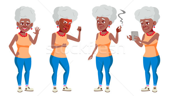Old Woman Poses Set Vector. Black. Afro American. Elderly People. Senior Person. Aged. Comic Pension Stock photo © pikepicture