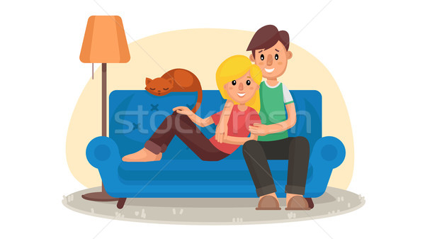 Home Cinema Vector. Home Room With TV Screen. Using Television Together. Online Home Movie. Cartoon  Stock photo © pikepicture