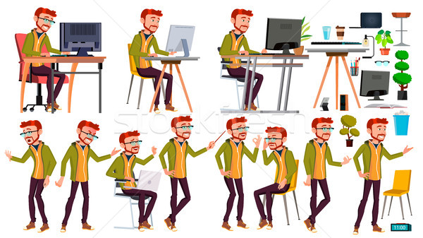 Office Worker Vector. Poses. Face Emotions, Various Gestures. Red Head, Ginger. Adult Entrepreneur B Stock photo © pikepicture