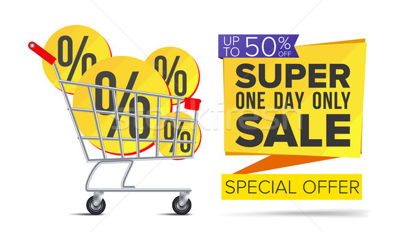 Shopping Cart With Big Sale Banner Vector. Up To 50 Percent Off. Sale Banner Tag. Price Labels. Isol Stock photo © pikepicture