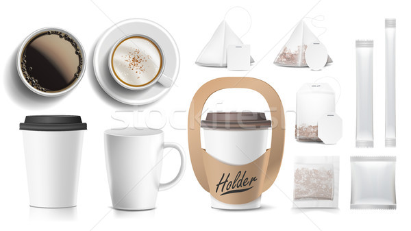 Coffee Packaging Design Vector. Cups Mock Up. White Coffee Mug. Ceramic And Paper, Plastic Cup. Top, Stock photo © pikepicture