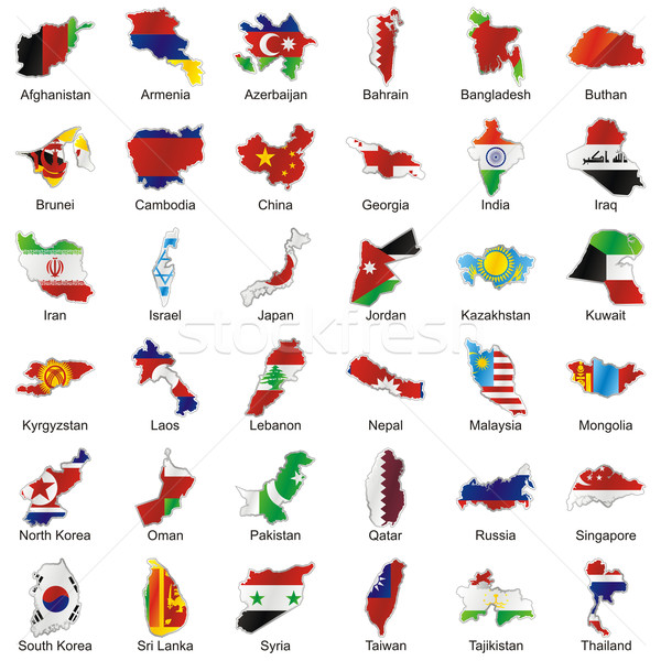 Foto stock: Asiático · bandeiras · mapa · forma · detalhes · vetor