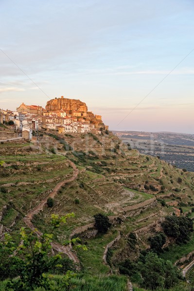 Puesta de sol paisaje montana vista barrio antiguo España Foto stock © Pilgrimego