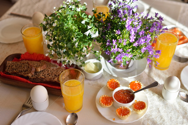 Festive continental breakfast with red caviar, soft-boiled egg a Stock photo © Pilgrimego
