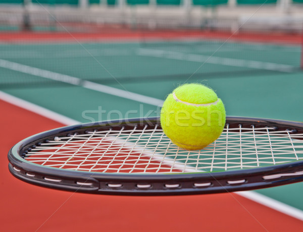 Stock photo: Tennis court with ball and racket