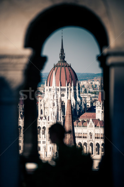 View of Hungarian Parliament Building with customers at Buda Cas Stock photo © pixachi