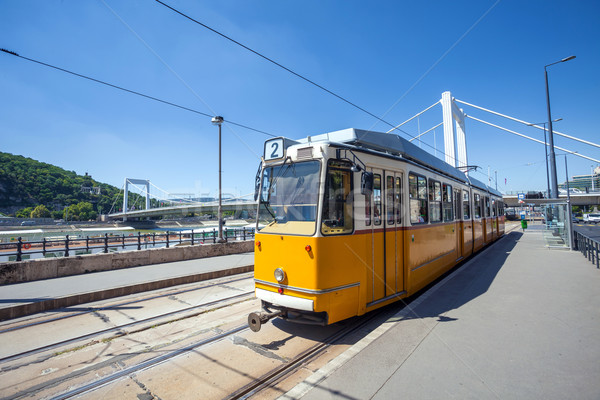 Yellow tram on the river bank of Danube in Budapest Stock photo © pixachi