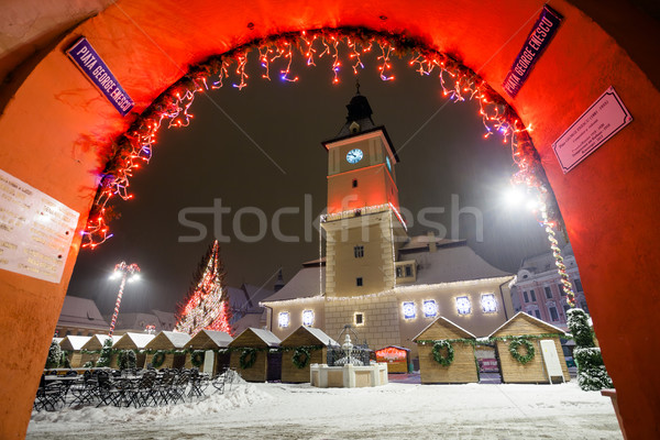 Brasov Council House night view decorated for Christmas Stock photo © pixachi