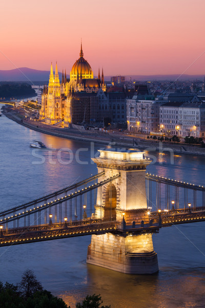 Foto stock: Budapeste · cityscape · pôr · do · sol · cadeia · ponte