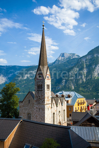 [[stock_photo]]: Vue · église · cloche · tour · ciel · eau