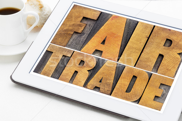 Fairen Handel Wort abstrakten Tablet Typografie Stock foto © PixelsAway