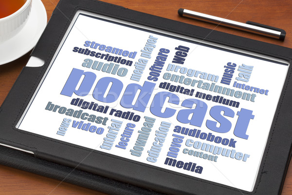 Podcast word cloud tablet digitale Cup caffè Foto d'archivio © PixelsAway