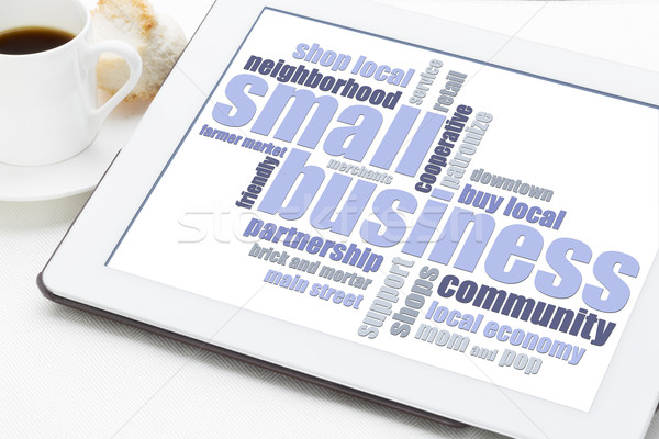 Kleine bedrijven woordwolk tablet digitale beker koffie Stockfoto © PixelsAway