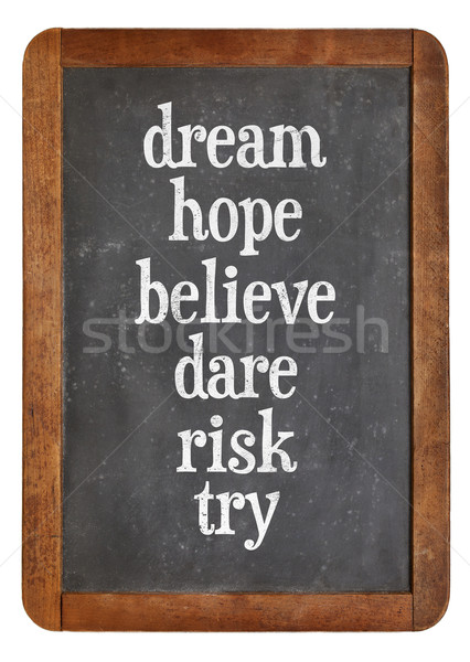 dream, hope, believe, dare, risk try on balckboard Stock photo © PixelsAway