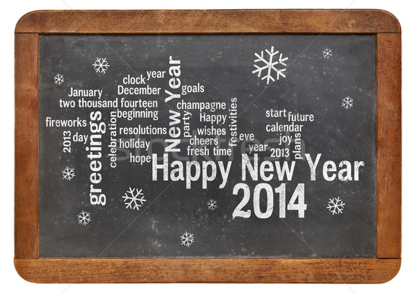 Stok fotoğraf: Happy · new · year · 2014 · tahta · kelime · bulutu · beyaz · tebeşir