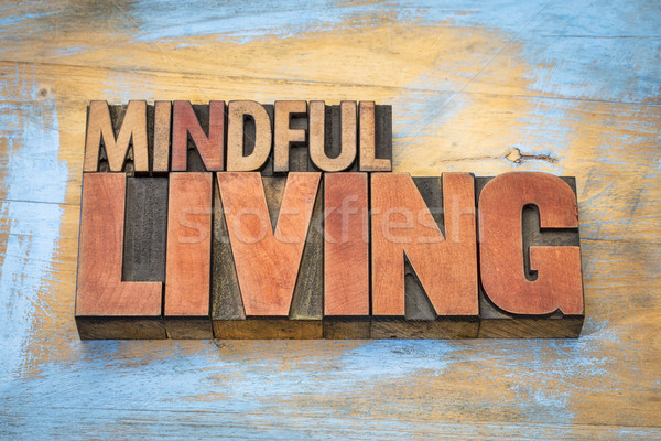 mindful living word abstract in wood type Stock photo © PixelsAway