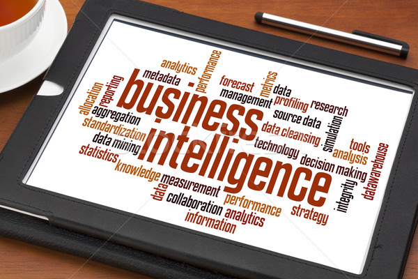 Business intelligenza word cloud digitale tablet Cup Foto d'archivio © PixelsAway