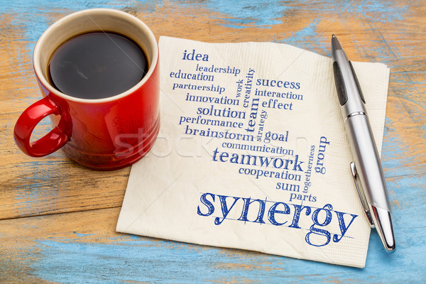synergy word cloud on napkin Stock photo © PixelsAway