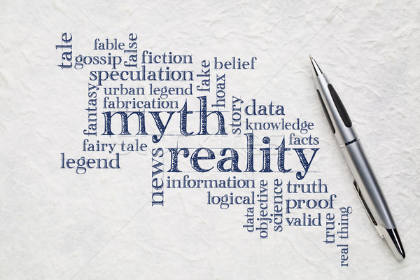 Mythe realiteit woordwolk handschrift papier pen Stockfoto © PixelsAway