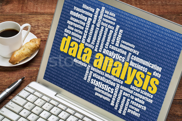 Gegevens analyse woordwolk laptop beker koffie Stockfoto © PixelsAway