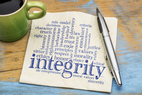 Stock photo: integrity word cloud on napkin with coffee