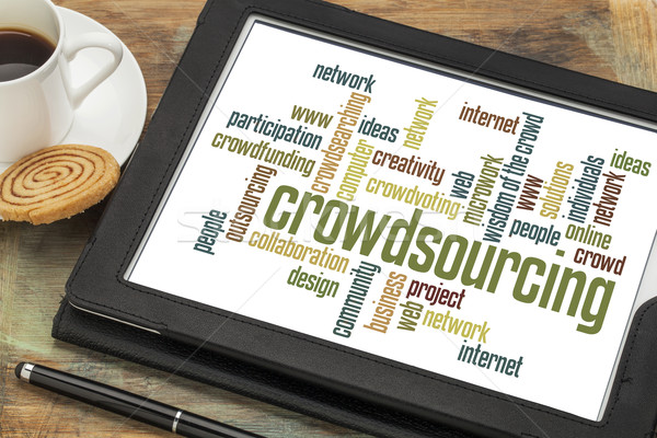 Crowdsourcing word cloud digitale tablet Cup caffè Foto d'archivio © PixelsAway