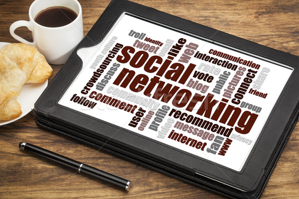 Sociale networking word cloud digitale tablet Cup Foto d'archivio © PixelsAway