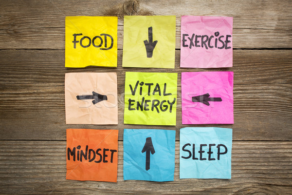 Vital energía alimentos ejercicio mentalidad sueno Foto stock © PixelsAway