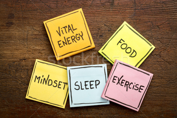 Vital energía notas adhesivas alimentos ejercicio mentalidad Foto stock © PixelsAway