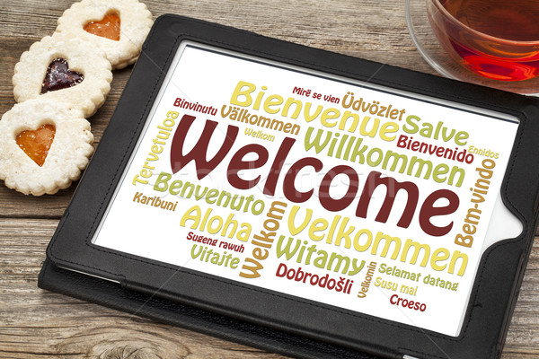 üdvözlet szófelhő különböző nyelvek digitális tabletta Stock fotó © PixelsAway