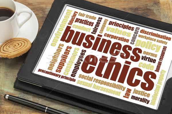 Business ethiek woordwolk digitale tablet beker Stockfoto © PixelsAway