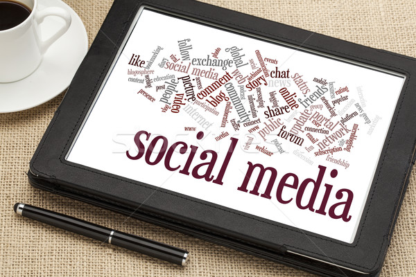 Médias sociaux nuage de mots numérique comprimé tasse café Photo stock © PixelsAway