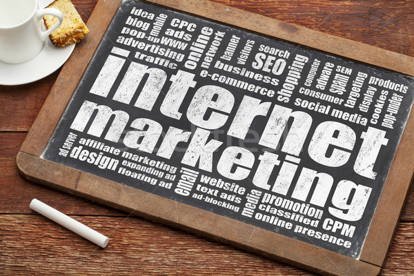 Internet marketing woordwolk vintage Blackboard beker koffie Stockfoto © PixelsAway