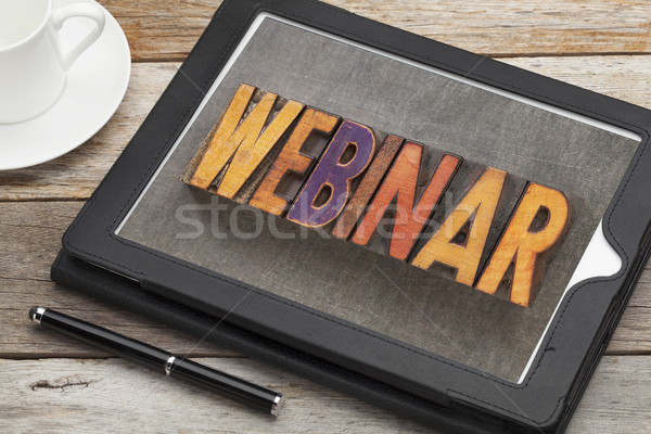 Webinar szó digitális tabletta háló előadás Stock fotó © PixelsAway