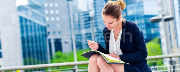 [[stock_photo]]: Dynamique · jeunes · exécutif · prendre · des · notes · l'ordre · du · jour · panoramique